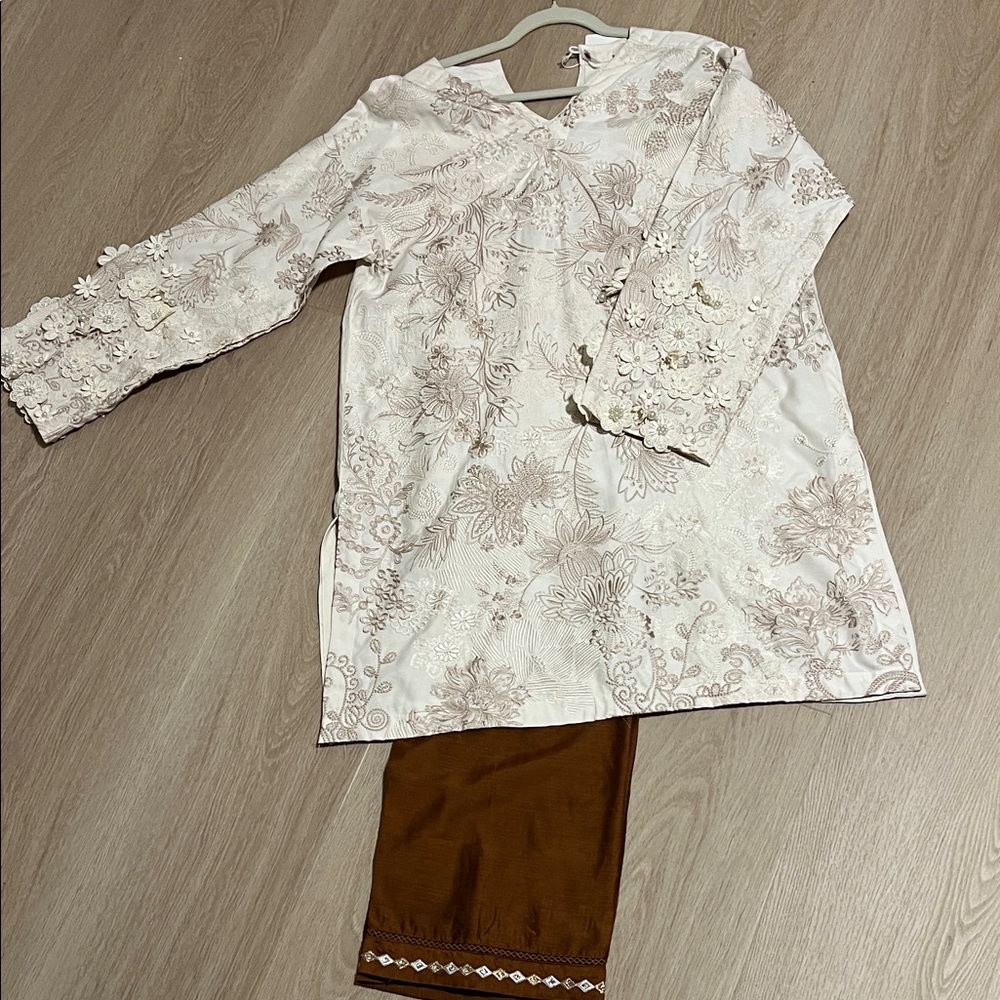 KHAADI 2 piece Floral Embroidered Cream Dress